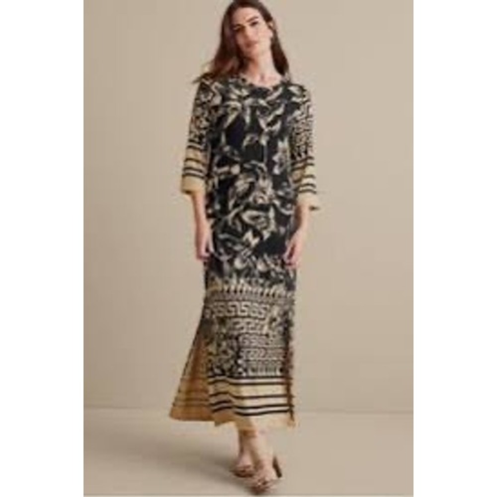 Soft Surroundings Asteria Dress Women Large Black Tan Floral Greek Key Maxi Knit